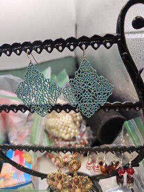 Earrings Pierced Dangle French Wire Filigree Blue Enamel